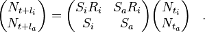 
\begin{align}
\begin{pmatrix}
N_{t+l_i}\\
N_{t+l_a}
\end{pmatrix} &=
\begin{pmatrix}
S_iR_i & S_aR_i \\
S_i & S_a
\end{pmatrix}
\begin{pmatrix}
N_{t_i}\\
N_{t_a}
\end{pmatrix}
\end{align}.
