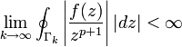 \lim_{k\rightarrow \infty} \oint_{\Gamma_k} \left|\frac{f(z)}{z^{p+1}}\right| |dz| < \infty