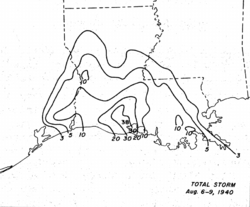 Black and white contoured map showing rainfall amounts as contours, in 3 in (75 mm) increments from 3 in (75 mm) to 30 in (760 mm).