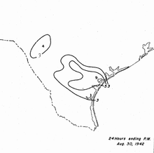 Black and white contoured map of precipitation, with contours representing 3 in (75 mm) intervals in rainfall.