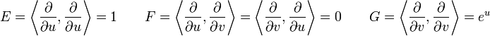 E = \left\langle \frac{\partial}{\partial u}, \frac{\partial}{\partial u} \right\rangle = 1 \qquad F = \left\langle \frac{\partial}{\partial u}, \frac{\partial}{\partial v} \right\rangle = \left\langle \frac{\partial}{\partial v}, \frac{\partial}{\partial u} \right\rangle = 0 \qquad G = \left\langle \frac{\partial}{\partial v}, \frac{\partial}{\partial v} \right\rangle = e^{u} 