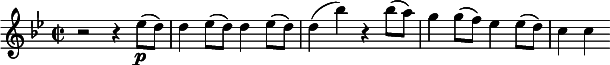 
\relative c'' {
 \key g \minor
 \time 2/2
 r2 r4 es8(\p d) |
 d4 es8( d) d4 es8( d) |
 d4( bes') r bes8( a) |
 g4 g8( f) es4 es8( d) |
 c4 c
}
