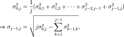 \begin{align}
\sigma_{0,j}^2
&= \frac{1}{j}(\sigma_{0,1}^2 + \sigma_{1,2}^2 + \cdots  + \sigma_{j-2,j-1}^2 + \sigma_{j-1,j}^2)\\
\Rightarrow \sigma_{j-1,j}
&=\sqrt{j\sigma_{0,j}^2-\sum_{k=1}^{j-1}\sigma_{k-1,k}^2},
\end{align}
