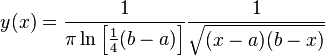 
  y(x)
  =
  \frac{1}{\pi \ln \left[ \frac{1}{4} (b-a) \right]} \frac{1}{\sqrt{(x-a)(b-x)}}
  