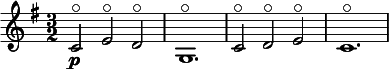  \relative c' { \clef treble \key g \major \time 3/2 c2\p\flageolet e\flageolet d\flageolet | g,1.\flageolet | c2\flageolet d\flageolet e\flageolet | c1.\flageolet } 