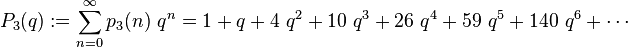 
P_3(q) :=\sum_{n=0}^\infty p_3(n)\ q^n = 1+q+4\ q^2+10\ q^3+26\ q^4+59\ q^5+140\ q^6+\cdots 
