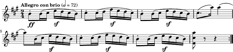 
\new Score {
  \new Staff {
    \relative e'' {
      \time 2/4
      \key a \major
      \clef treble
      \tempo "Allegro con brio" 2 = 72

      b8-._\markup {
  \dynamic ff \italic \hspace #0.1
} b16( cis e_\markup {
  \dynamic sf \italic \hspace #0.1
} d cis b)
      cis8-. cis16( d fis_\markup {
  \dynamic sf \italic \hspace #0.1
} e d cis)
      b8-. b16( cis e_\markup {
  \dynamic sf \italic \hspace #0.1
} d cis b)
      cis8.(a'16) a4\( 
      a8\) b,16( cis e_\markup {
  \dynamic sf \italic \hspace #0.1
} d cis b)
      cis8-. cis16( d fis_\markup {
  \dynamic sf \italic \hspace #0.1
} e d cis)
      b8-. b16( cis e_\markup {
  \dynamic sf \italic \hspace #0.1
} d cis b)
      <e, cis' a'>8 r r4 \bar ":|"
    }
  }
}
