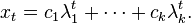 x_t=c_1\lambda _1^t+\cdots + c_k\lambda _k^t.