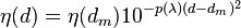 \eta\,\! (d) = \eta\,\! (d_m)10^{-p(\lambda\,\!)(d-d_m)^2} 