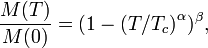  \frac {M(T)}{M(0)} = \left (1-(T/T_c\right)^{\alpha})^{\beta},