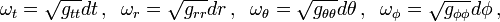 \omega_t=\sqrt{g_{tt}}dt\,,\;\;\omega_r=\sqrt{g_{rr}}dr\,,\;\;\omega_\theta=\sqrt{g_{\theta\theta}}d\theta\,,\;\;\omega_\phi=\sqrt{g_{\phi\phi}}d\phi\,,