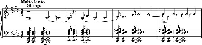 
{ \new PianoStaff <<
   \new Staff \relative c { \key e \major \time 3/2 \clef treble \tempo "Molto lento" \set Staff.midiInstrument = #"strings" r2\mp^"Strings" cis'2.( c4 b16) r4. b16( e4 b2 cis4 dis16) dis4. fis16 gis2 gis2 ~  
<<
    {
            gis4 gis2 gis2 gis4 
          }
  \new CueVoice { \set Staff.midiInstrument = #"oboe"
    \stemDown dis16_"Oboe" dis4. fis16 gis2 gis2
  }
>>
}
   \new Staff \relative c { \key e \major \time 3/2 \clef bass  \set Staff.midiInstrument = #"strings" \override Staff.NoteSpacing.stem-spacing-correction = #1.8
  \override Staff.StaffSpacing.stem-spacing-correction = #1.8  <gis' e gis, cis,>16 <gis e gis, cis,>4. <gis e gis, cis,>16 ~  <gis e gis, cis,>1 <b gis e b e,>16 <b gis e b e,>4. <b gis e b e,>16 ~  <b gis e b e,>1  <bis gis fis gis, dis>16 <bis gis fis gis, dis>4. <bis gis fis gis, dis>16 ~  <bis gis fis gis, dis>1 <bis gis fis gis, dis>16 <bis gis fis gis, dis>4. <bis gis fis gis, dis>16 ~  <bis gis fis gis, dis>1 } >> }
