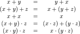 
\begin{matrix}
x + y &=& y + x\\
(x+y)+z&=& x+(y+z)\\
x+x&=&x\\
(x+y)\cdot z &=& (x\cdot z) + (y\cdot z)\\
(x \cdot y)\cdot z &=& x \cdot (y \cdot z)
\end{matrix}
