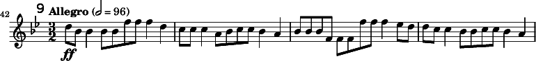 
\relative c'' \new Staff {
  \key bes \major \clef "treble"
  \set Staff.midiInstrument = "oboe"
  \tempo "Allegro" 2 = 96
  \set Score.currentBarNumber = #42 \bar ""
  \override Score.RehearsalMark #'self-alignment-X = #1
  \mark \markup \sans 9

  \time 3/2 d8\ff bes bes4 bes8 bes f' f f4 d | c8 c c4 a8 bes c c bes4 a |
  bes8 bes bes f f f f' f f4 es8 d | d c c4 bes8 bes c c bes4 a |
}
