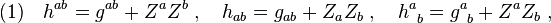 (1)\quad h^{ab}=g^{ab}+Z^a Z^b\;,\quad h_{ab}=g_{ab}+Z_a Z_b\;,\quad  h^a_{\;\;b}=g^a_{\;\;b}+Z^a Z_b\;, 