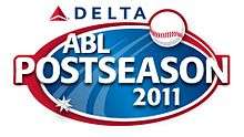 A blue oval with a white and red double border. The text "ABL POSTSEASON 2011" in white, a baseball above and a seven-pointed star superimposed on the oval. The word "DELTA" in blue written above the oval.