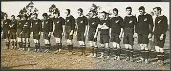 Fifteen players standing in one line while wearing rugby jerseys. The player on the far left is holding a rugby ball.