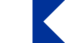 A flag, left half white, right half blue, the right edge has a triangular cut-out along its full length