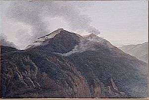 Painting of a mountain topped with a fortification showing smoke where soldiers are battling