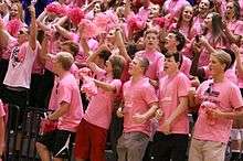 a crowd of people in pink cheer furing a Dig Pink® Rally.