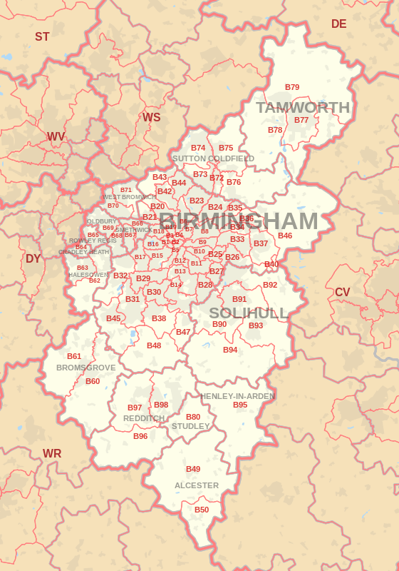 B postcode area map, showing postcode districts, post towns and neighbouring postcode areas.