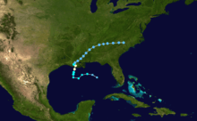 A map of a path through the Gulf of Mexico and the southeastern United States. Most of Mexico can be seen on the bottom left side and the Greater Antilles are present at the bottom right. Additionally, most of New England is visible at the top of the map.