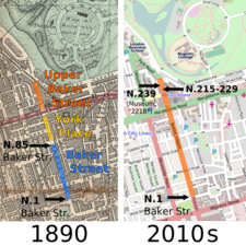 Maps of Baker Street in London in 1890 and today