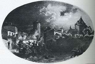 Black and white print shows a town at night with horses and men galloping and falling.