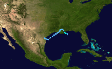Track of a disorganized tropical storm tracking across Louisiana and Texas.