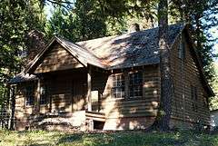 Photograph of a log house standing in a forest.