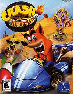 Driving a kart, Crash Bandicoot dodges a missile fired by Doctor Neo Cortex, with Nitros Oxide pursuing both of them