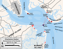 Map depicting Charleston harbor and the location of fortifications in 1861, with lines showing the paths of artillery fire against Fort Sumter