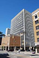 County City Building in downtown South Bend, Indiana. The building is 14 stories tall and houses the Office of the Mayor, as well as many other municipal and county offices.