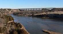 Long trestle bridge; twelve trestle pillars