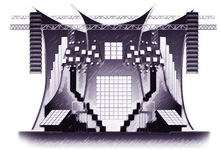 A greyscale line-image of a stage. It is shaped like a 'M' and shows different channels for the lights, video screens and conveyor belts.