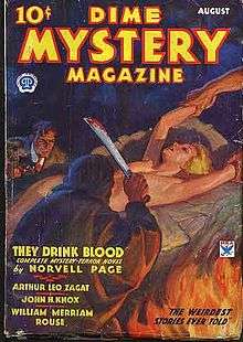 Magazine cover. A cloaked figure with a raised machete stands in the foreground, over a naked blonde woman being held down on a stone platform. In the background approaches a man in a suit holding a revolver.