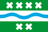 Three horizontal bands, top and bottom green with white saltires (4 on top and 2 on bottom). The centre band and contains a blue curved line from side to side.