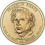 A one-dollar coin featuring Pierce.