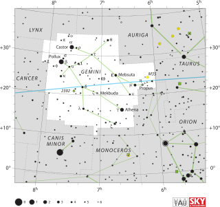 Diagram showing star positions and boundaries of the constellation of Gemini and its surroundings