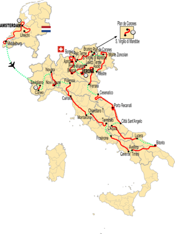 A map of Italy with an inset of a map of the Netherlands, with the course of the Giro d'Italia drawn over it in red and green lines.