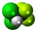 Space-filling model of the 2,2-dichloro-1,1,1-trifluoroethane molecule