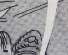 Detail of black-and-white comics artwork showing where blue lines from the original artwork unintentionally showed through when reproduced.