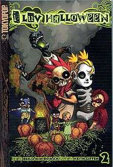A book cover. At the top is text reading "i Luv Halloween". Further on is a picture of a group of children near a pumpkin patch; a zombie stands behind two of the children. Text at the bottom notes that the author is Keith Giffen, the illustrater is Benjamin Roman, and this is the second volume.