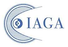 Stylized line drawing of circles symbolizing orbits in the Solar System, with letters "IAGA" to the right. Dark blue lines on white.