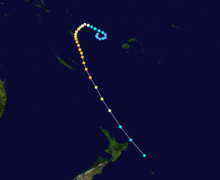 Ivy formed in the upper center of the map and completed a loop before curving towards the southeast and becoming extratropical near New Zealand.