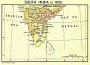 A political map of peninsular India c. 1605. The Mughal Empire lies above the peninsula; the peninsula consists of Ahmadnagar in the northwest, Bijapur in the west, Golconda in the east and northeast and the poligar kingdoms in the south and southeast.