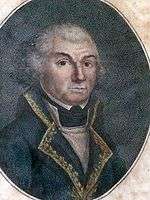 Color-tint print of a large-eyed man with his hair cut in the late 1700s style. He wears a dark blue military coat with a line of yellow braid.