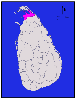 Area map of Kilinochchi District, along the northern coast of the mainland and south of the Jaffna peninsula, in the Northern Province of Sri Lanka