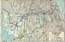 A map of Korea with a line drawn across to illustrate the battle line of Korean War. The Chinese 15th Corps and the US 7th Infantry Division face each other at the middle of the battle line and right besides Gimhwa and the Iron Triangle.