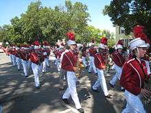 Several rows of high schoolers holding musical instruments walk along a residential street.